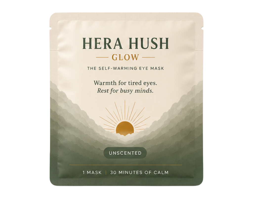 Hera Hush Glow foil pouch — one unscented self-warming eye mask inside