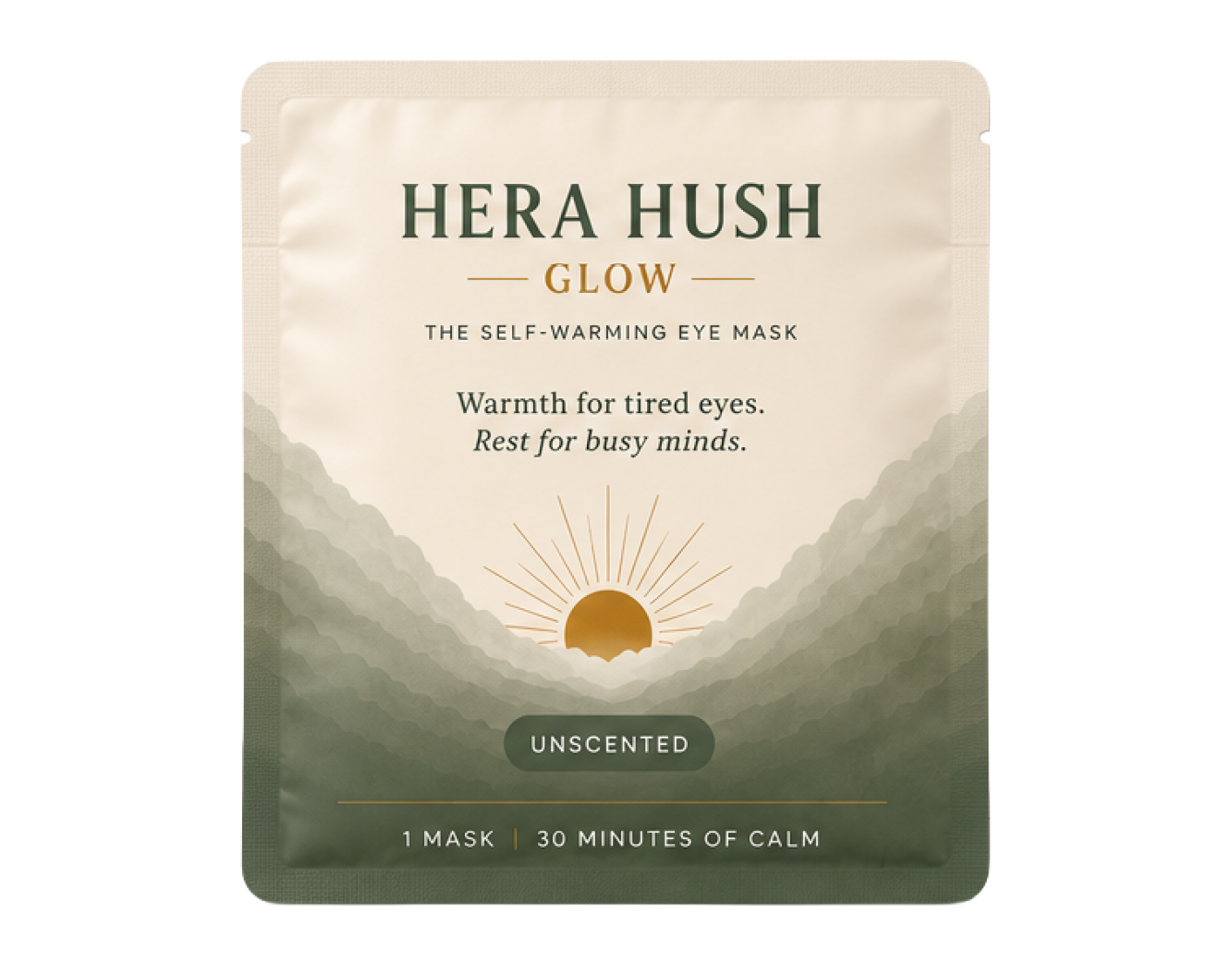 Hera Hush Glow foil pouch — one unscented self-warming eye mask inside
