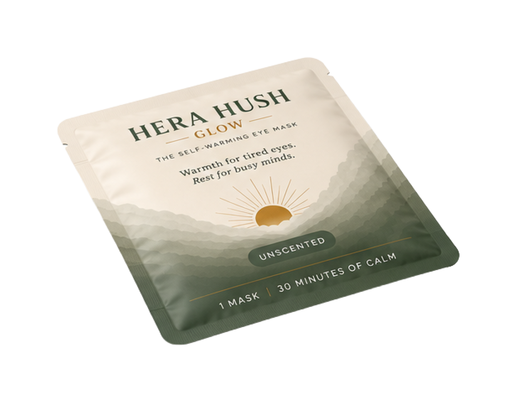 Hera Hush Glow self-warming eye mask in its sealed foil pouch