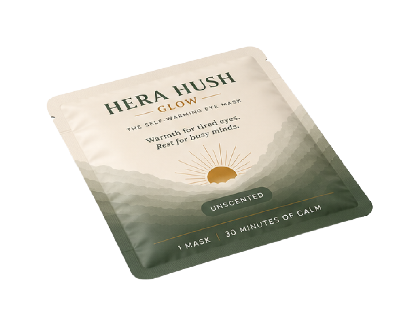 Hera Hush Glow self-warming eye mask in its sealed foil pouch