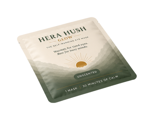 Hera Hush Glow self-warming eye mask in its sealed foil pouch