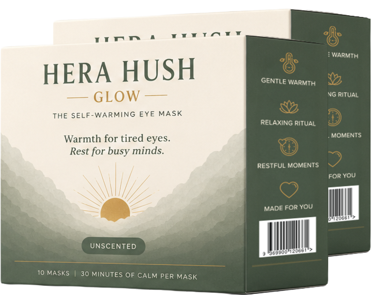 Hera Hush Glow Duo — two boxes of unscented self-warming eye masks (20 masks)