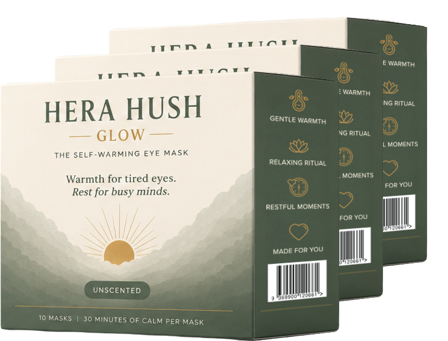 Hera Hush Glow Trio — three boxes of unscented self-warming eye masks (30 masks)